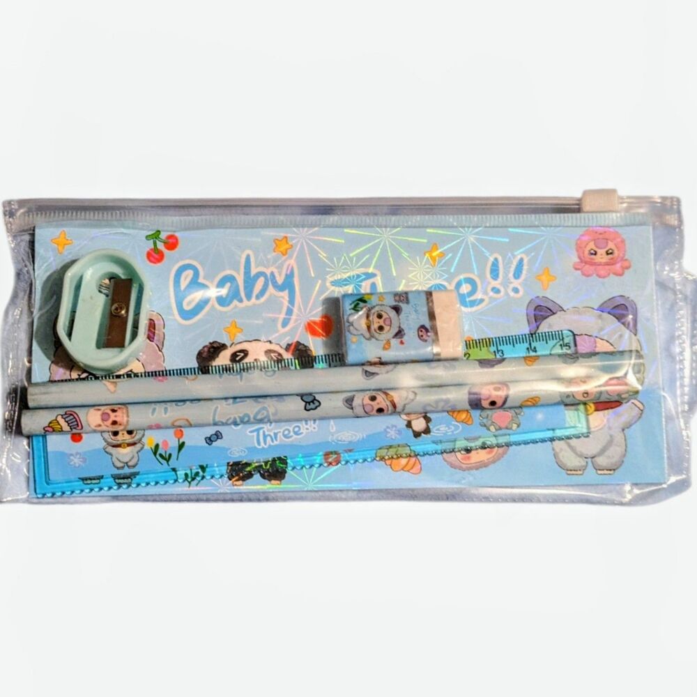 Kawaii Kids Stationery Set Pencil Ruler Eraser Sharpener Zipper Pouch Bundle - Picture 2 of 4